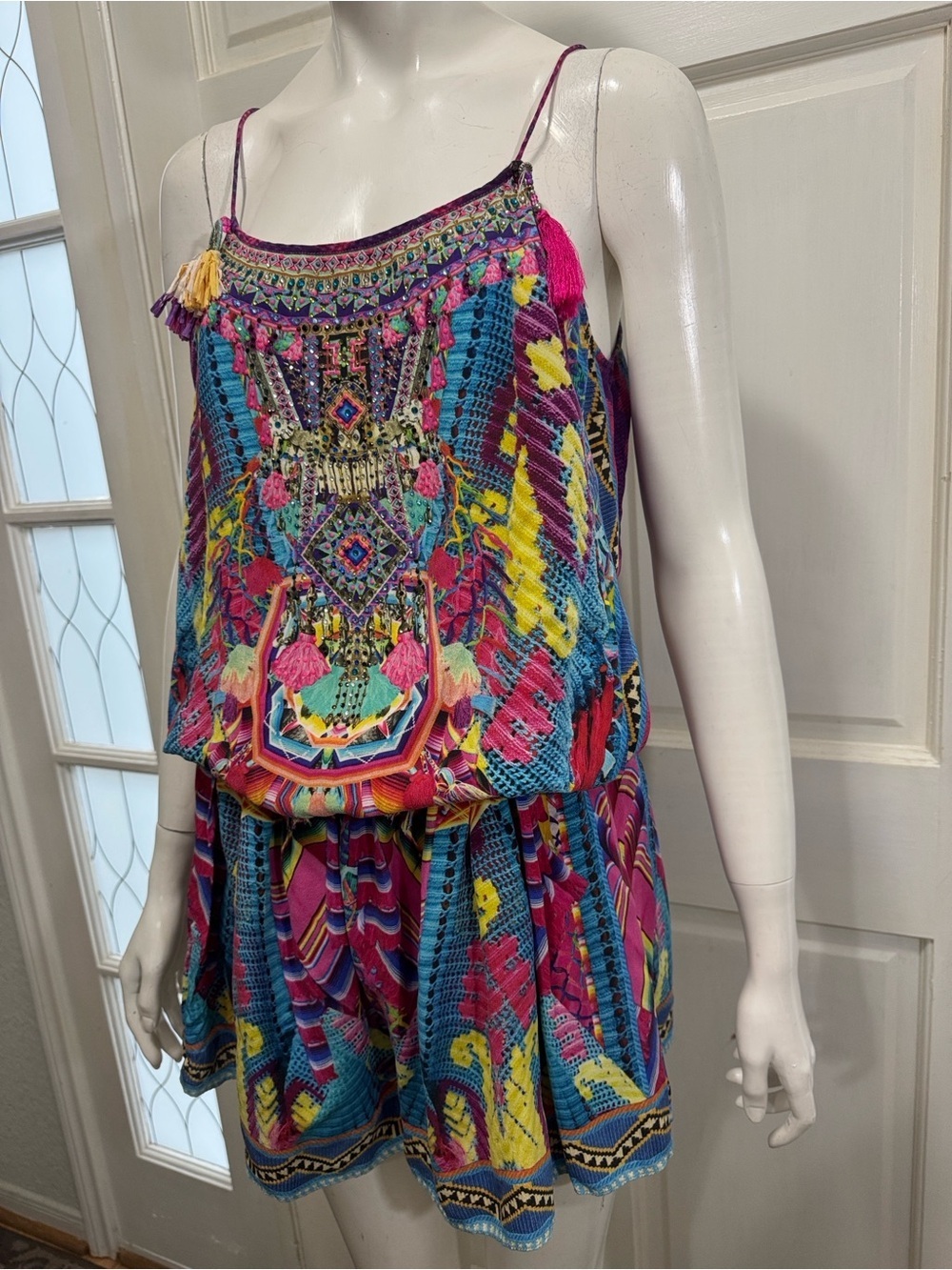 Camilla Pastel Floral Ikat Embroidered Top in Pink, Blue, Purple Size Medium - Picture 4 of 16